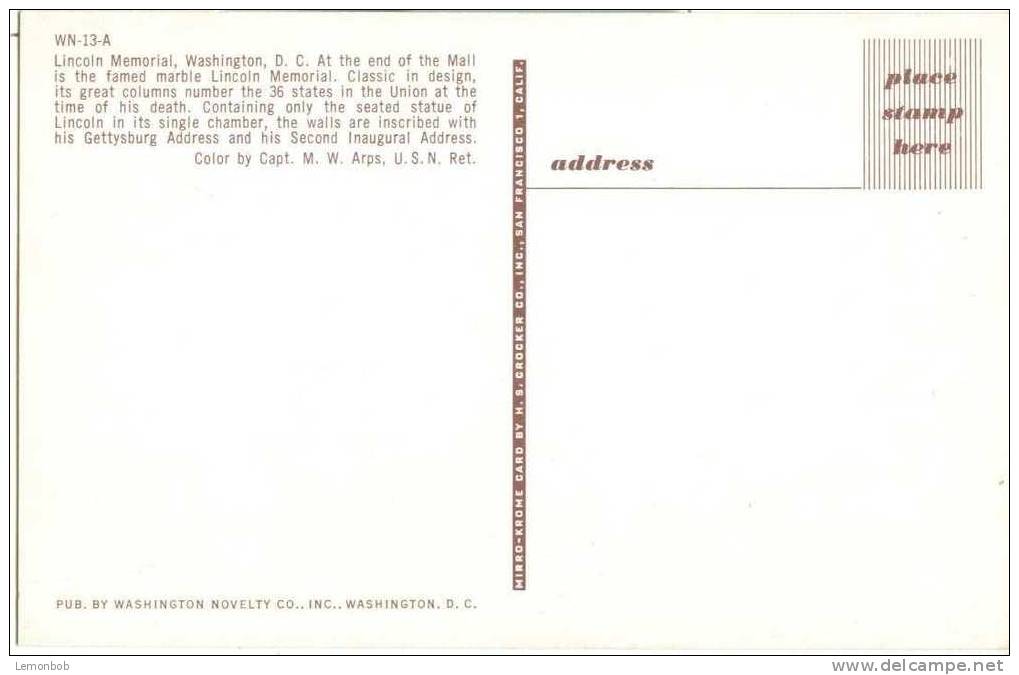 USA – United States – Washington DC – Lincoln Memorial – 1950s Unused Chrome Postcard [P3058] - Washington DC