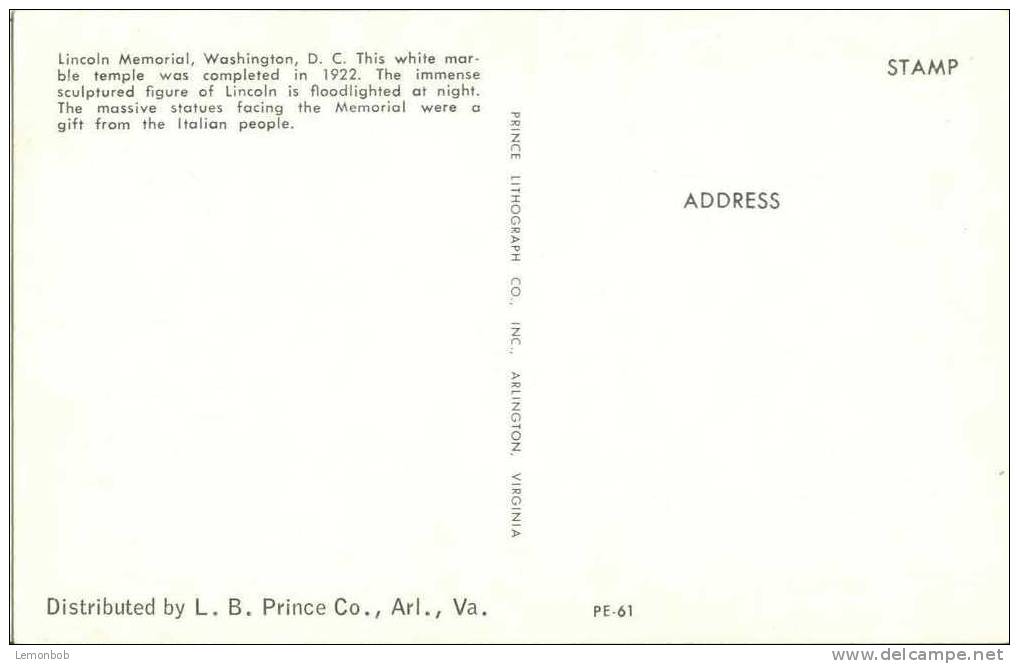 USA – United States – Washington DC - Lincoln Memorial – 1950s Unused Chrome Postcard [P3061] - Washington DC