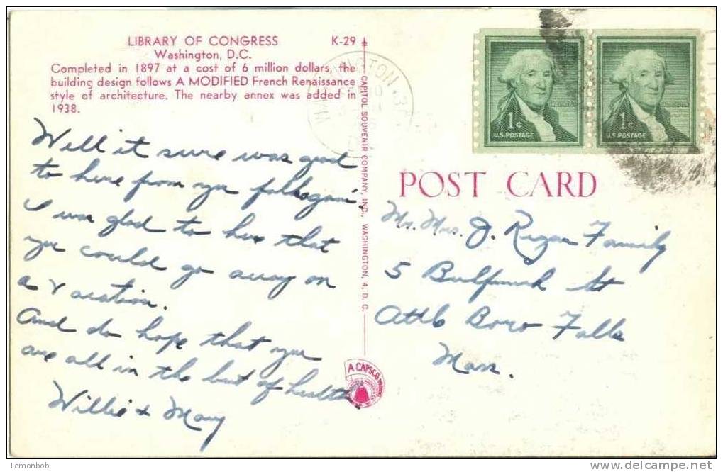 USA – United States – Washington DC – Library Of Congress - 1950s Used Postcard [P3081] - Washington DC