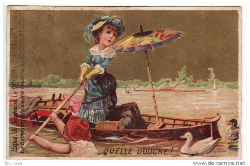 CHROMO Chocolat Louit Enfants Couple Plan D´eau Barque Rames Parasol Canards "Quelle Douche" Chute - Louit