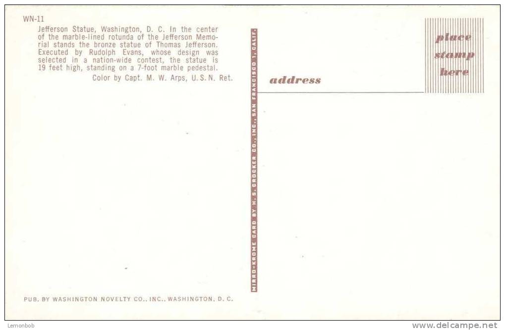 USA – United States – Washington DC – Jefferson Statue - Unused Postcard [P3085] - Washington DC