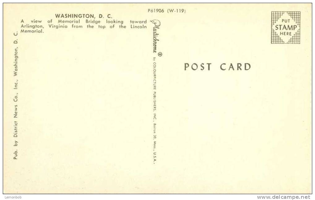 USA – United States – Washington DC – Memorial Bridge – 1960s - Unused Postcard [P3099] - Washington DC