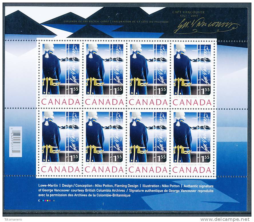 CANADA 2007 Cap Vancouver Explorer 1757-2007, Sheetlet Of 8v** - Hojas Bloque
