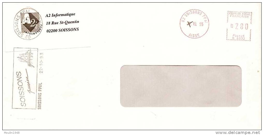 Lettre Avec EMA  Date Corrigée Et Flamme De Soissons 02  Du 1993 10 2 - Briefe U. Dokumente