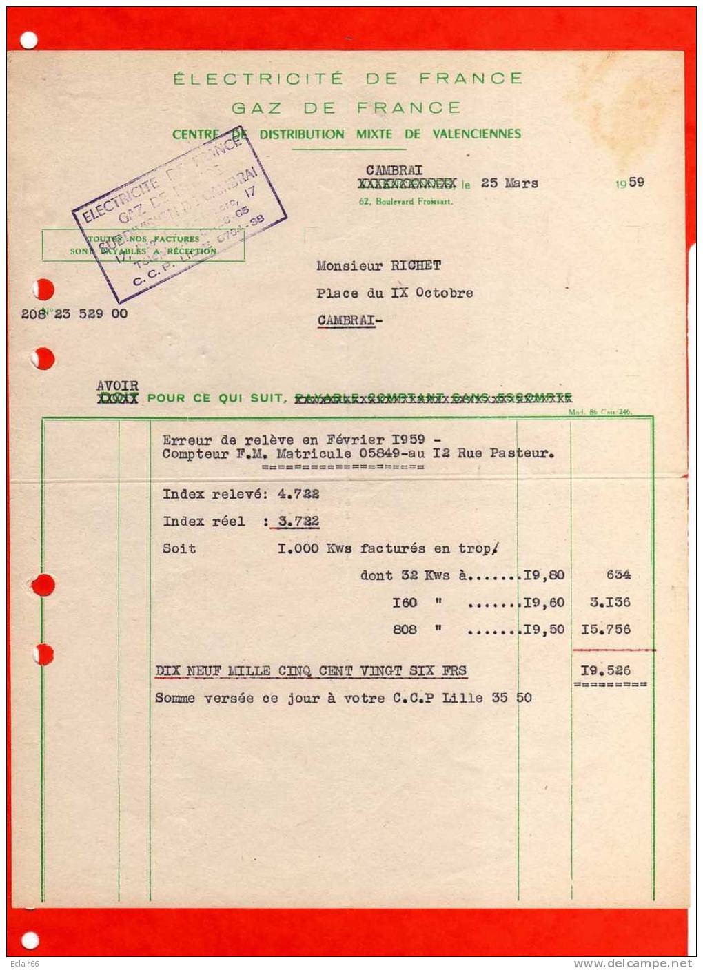 Un-AVOIR Cause Erreur De Reléve  De La Société électricité De France Centre De Distribution De Valenciennes Année 1959 X - Electricity & Gas