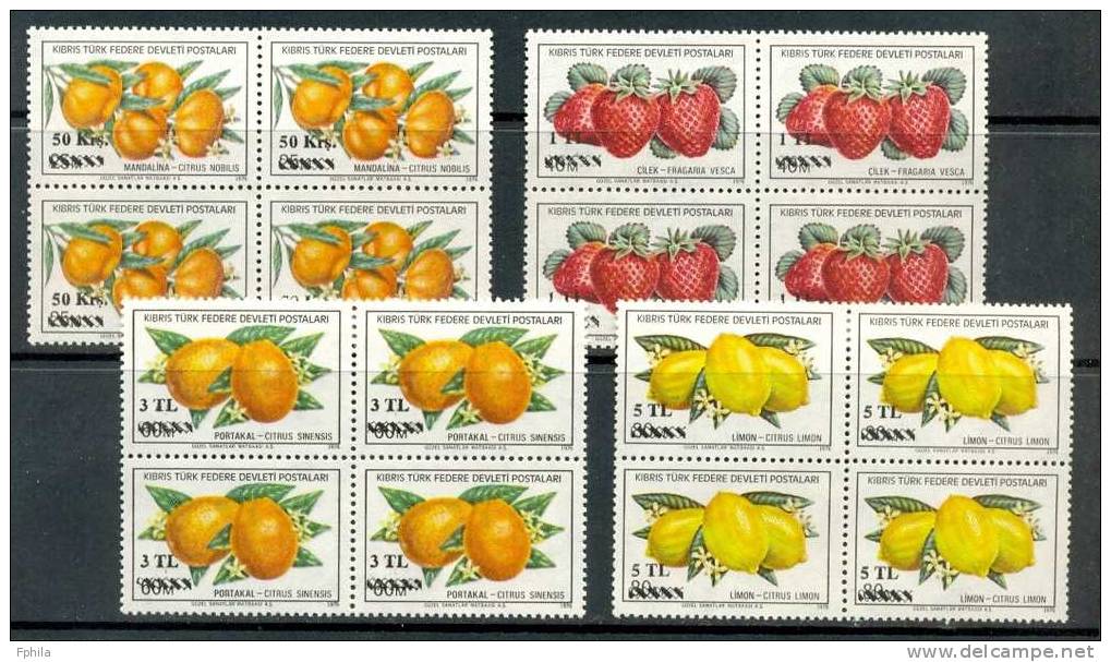 1979 NORTH CYPRUS SURCHARGED EXPORT PRODUCTS - FRUITS BLOCK OF 4 MNH ** - Unused Stamps
