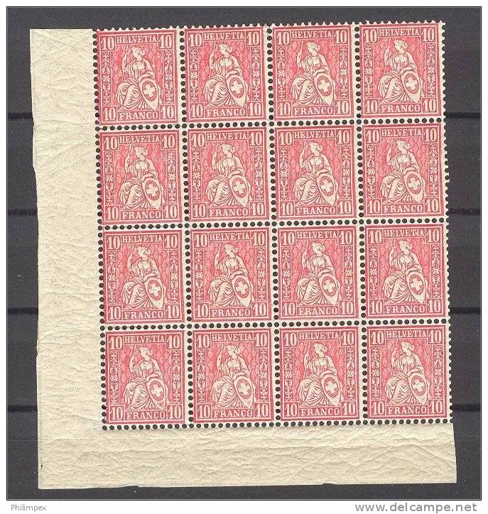 SWITZERLAND, SITTING HELVETIA GRANITE PAPER, 10 CENTIMES BLOCK OF 16 NEVER HINGED! - Unused Stamps