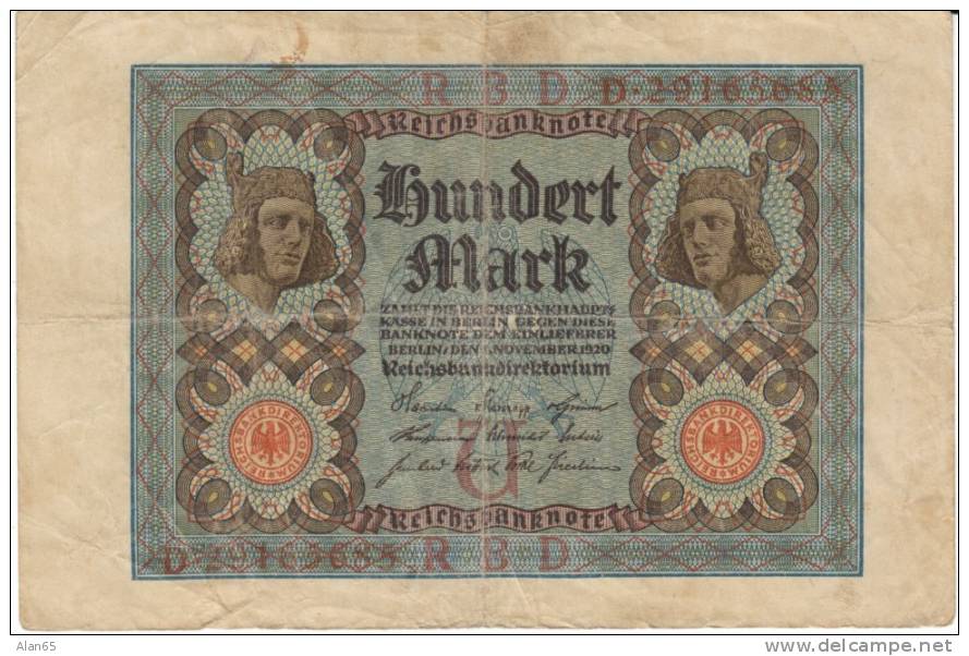 Germany #69b, 100 Marks 1920 Banknote Currency - 50 Mark