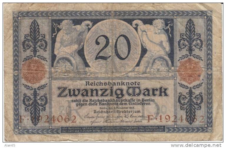 Germany #63, 20 Marks 1915 Banknote Currency - 20 Mark