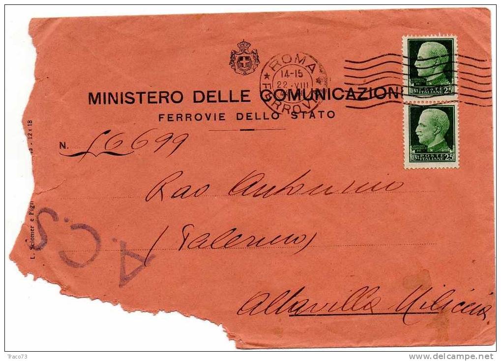 ROMA - ALTAVILLA MILICIA - Lettera A.C.S. 22.8.1944 " Ministero Delle Comunicazioni" - Iper. Cent. 25 X 2 - Marcophilie