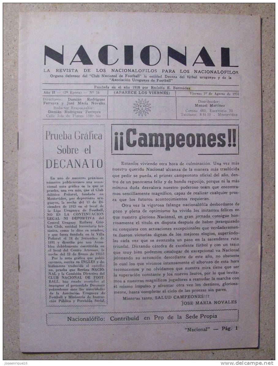 1952 REVISTA CLUB NACIONAL DE FOOTBALL, FUTBOL URUGUAY. MAGAZINE N° 52 (Sin Tapa) - [1] Jusqu' à 1980