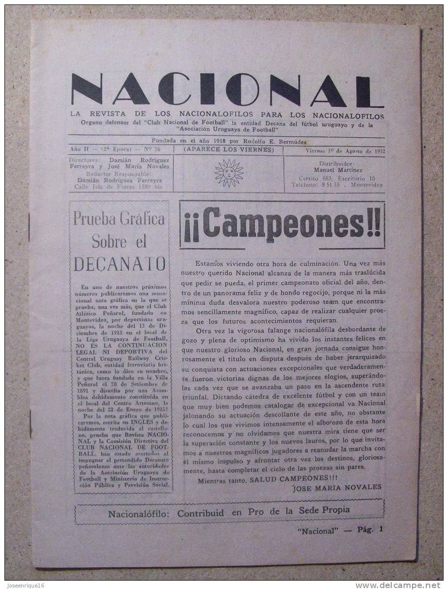 1952 REVISTA CLUB NACIONAL DE FOOTBALL, FUTBOL URUGUAY. MAGAZINE N° 52 (Sin Tapa) - [1] Hasta 1980