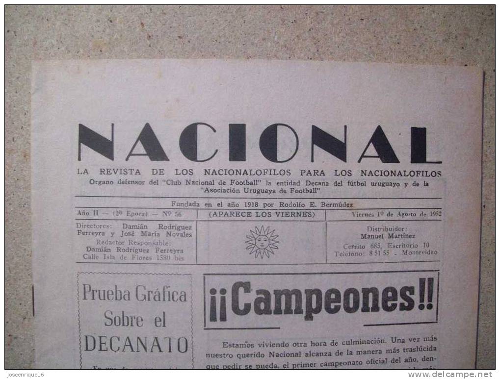 1952 REVISTA CLUB NACIONAL DE FOOTBALL, FUTBOL URUGUAY. MAGAZINE N° 52 (Sin Tapa) - [1] Fino Al 1980