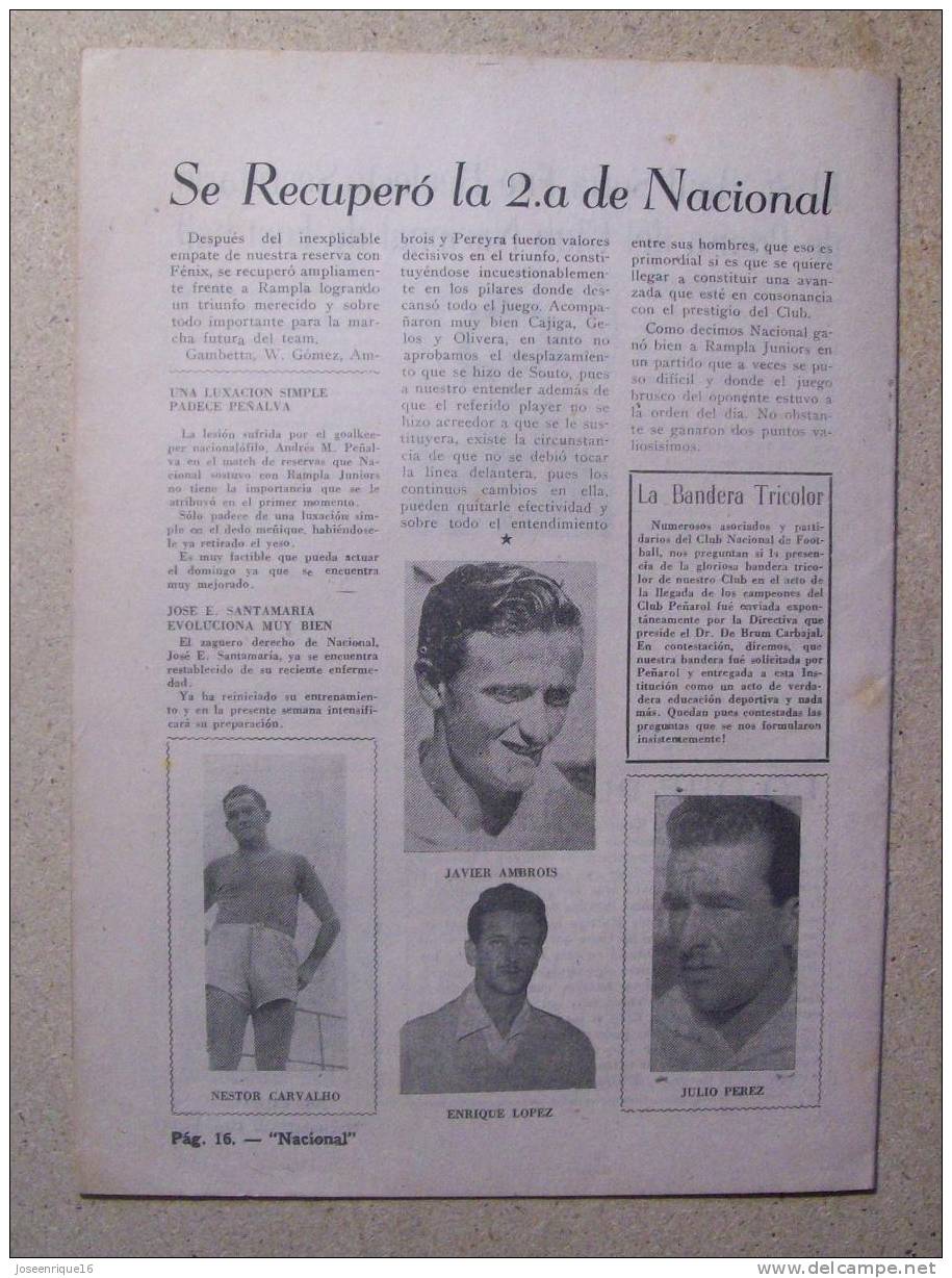 1952 REVISTA CLUB NACIONAL DE FOOTBALL, FUTBOL URUGUAY. MAGAZINE N° 52 (Sin Tapa) - [1] Until 1980