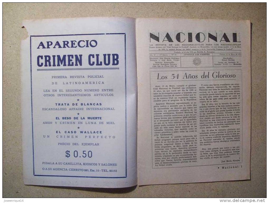 1953 REVISTA CLUB NACIONAL DE FOOTBALL, FUTBOL URUGUAY. MAGAZINE N° 95 SANTAMARIA - [1] Tot 1980