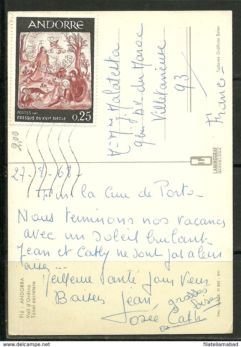 ANDORRA- 916-ANDORRA LAMINOGRAF BARCELONA- POSTAL CIRCILADA SELLO CORREO FRANCES Nº 184(P.17) - Andorra