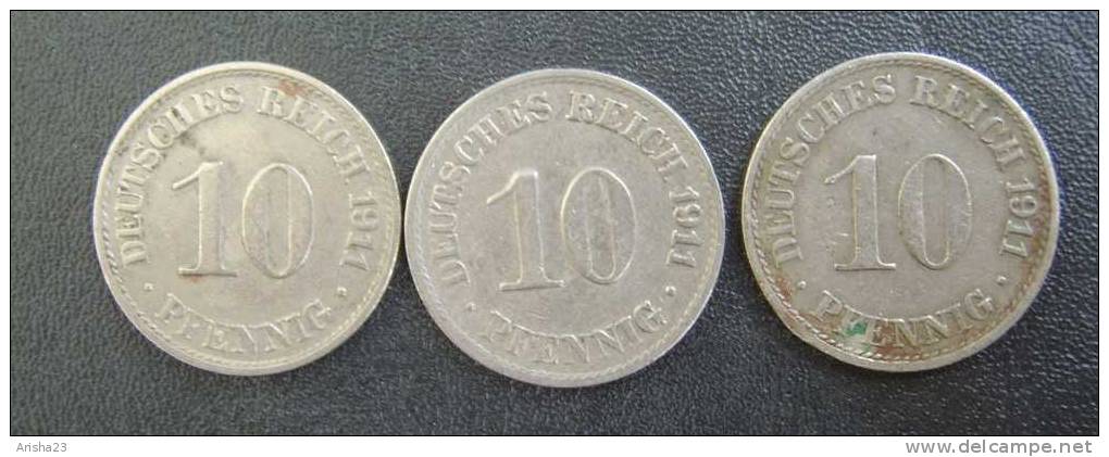 No.PF. Germany German Coins 3 Psc. X 10 PFENNIG 1911 A - 10 Pfennig