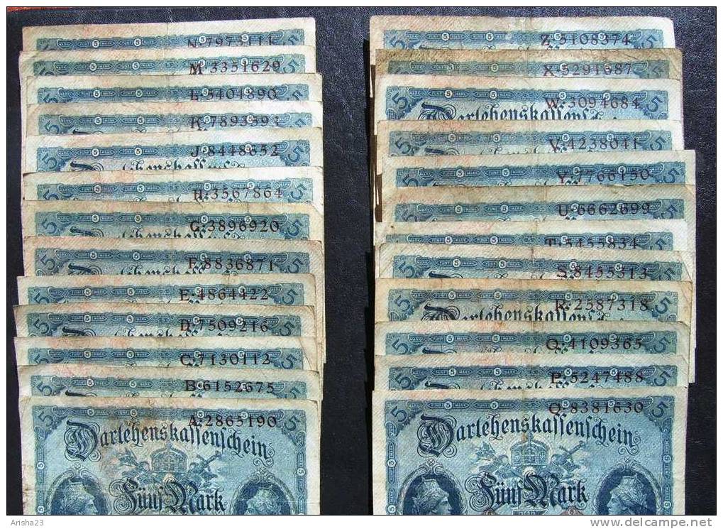 No.T. Germany, 25 Banknotes Of 5 MARK 1914 - Complete Set Of Series From A To Z Excl. Ser. I - Collections