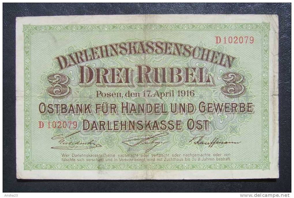 NoT. Darlehnskasse Ost, Posen Poznan - 3 Rubles Rubel 1916  - Rare - Gothic F / Crossed F - D102079 - 1° Guerra Mondiale