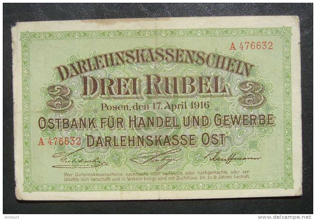 NoT. Darlehnskasse Ost, Posen Poznan - 3 Rubles Rubel 1916  - Rare - Gothic F / Crossed F - A476632 - 1° Guerra Mondiale