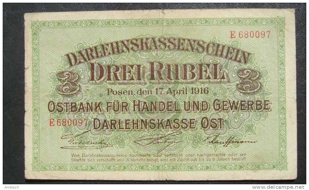 NoT. Darlehnskasse Ost, Posen Poznan - 3 Rubles Rubel 1916  - Rare - Gothic F / Crossed F - E680097 - Primera Guerra Mundial