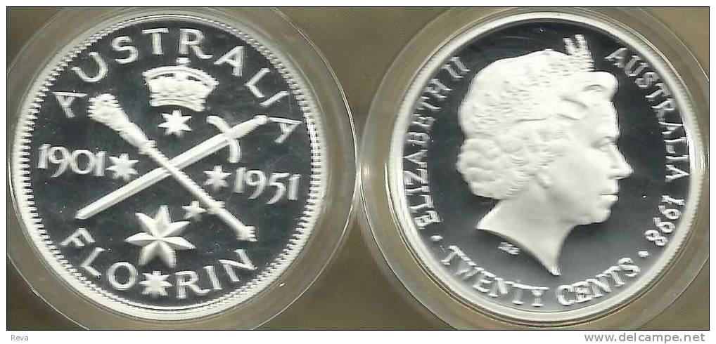 AUSTRALIA 20 CENTS 50 YEARS CofA FLORIN 1951 FROM MASTERPIECES IN SILVER 1998 PROOF QEII  READ DESCRIPTION CAREFULLY!! - 20 Cents