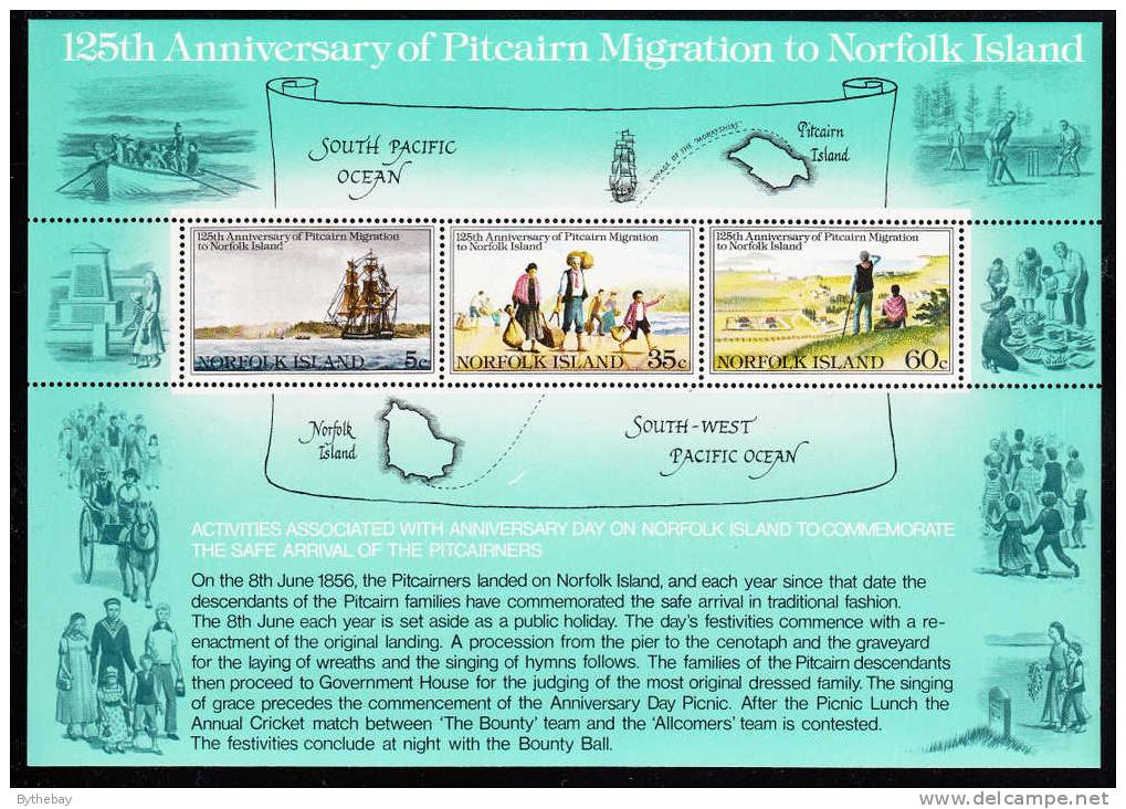 Norfolk Island MNH Scott #279a Souvenir Sheet Of 3 Sailing Ship, Settlers, Settlement - Ile Norfolk