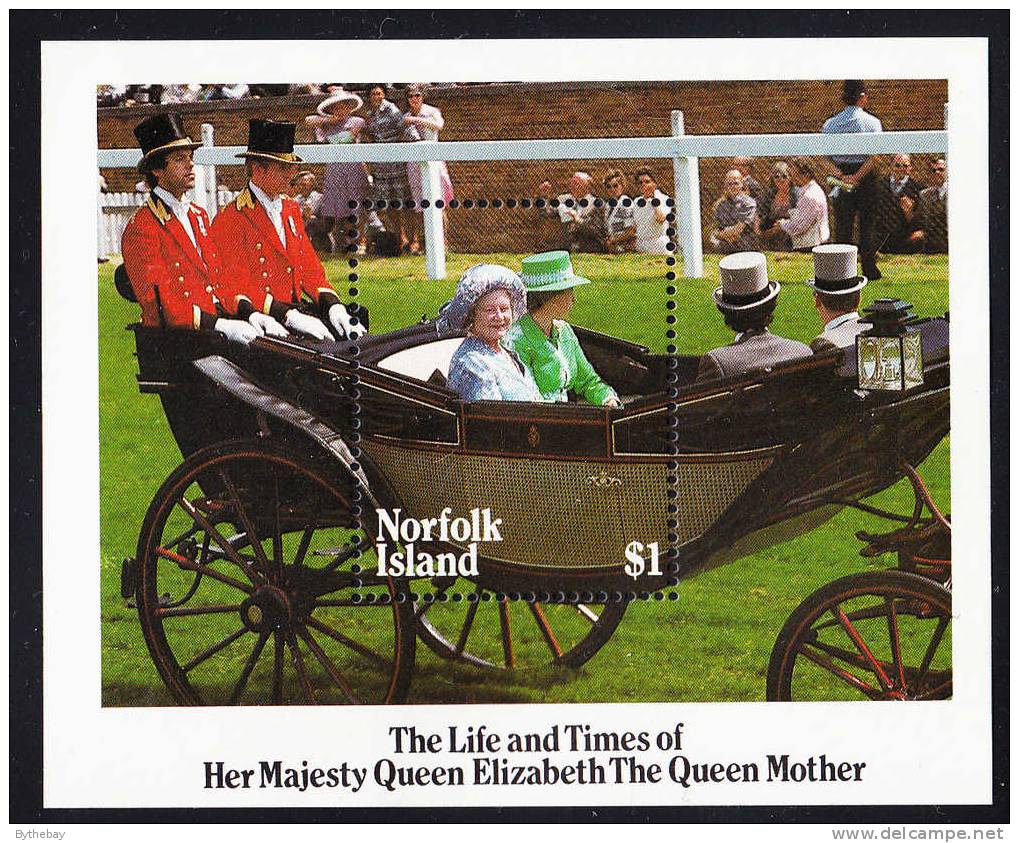 Norfolk Island MNH Scott #368 Souvenir Sheet $1 Queen Mother With Princess Anne At Ascot - 85th Birthday - Ile Norfolk