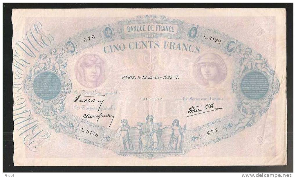 FRANCIA 500 FRANCHI BLEU ET ROSE   19 JANVIER 1939 - 500 F 1888-1940 ''Bleu Et Rose''