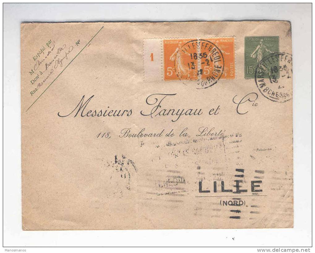 598/17 - Enveloppe Semeuse  + TP Semeuse Millésime MARSEILLE 1922 Vers LILLE - Repiquage FANYAU - Overprinted Covers (before 1995)
