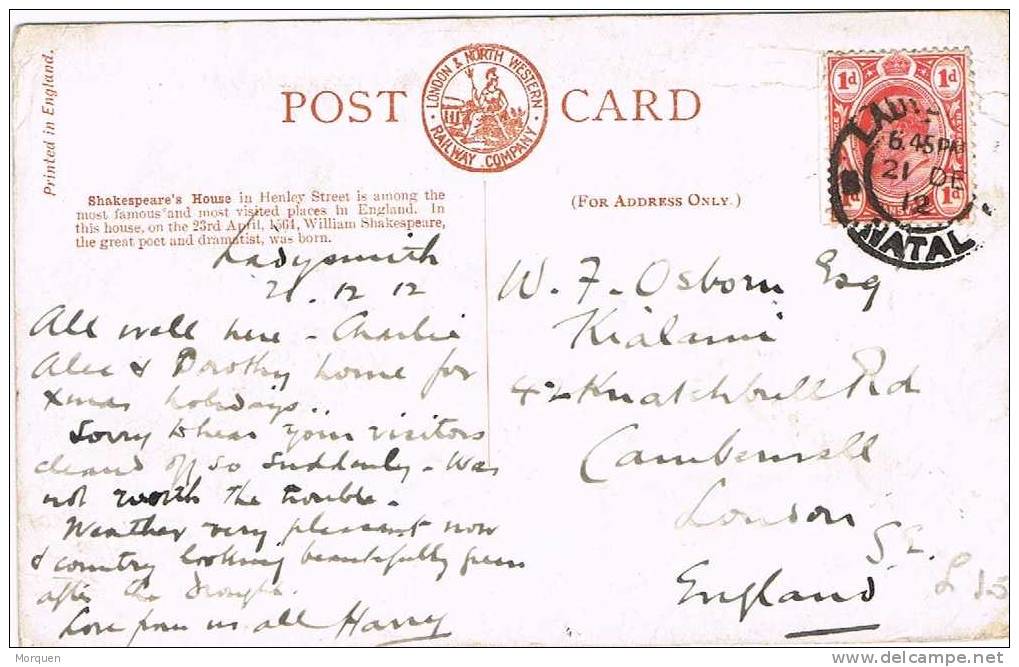 2279. Postal LADYSMITH (Natal) 1912.  South Africa. Shakespeare House - Cartas
