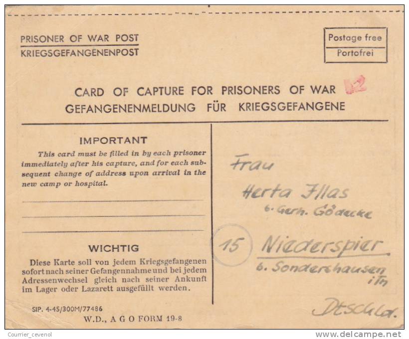 Avis De Capture - Card Of Capture - Prisonnier Allemand Aux USA - 1945 - Lettres & Documents