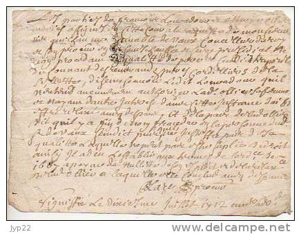 Vieux Papier Parchemin Manuscrit à Déchiffrer Daté Du 10 Juillet 1712 - Au Dos = Cachet Généralité De Limoges 8 Deniers - Gebührenstempel, Impoststempel