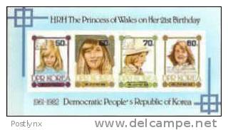 BULK:2 X KOREA DRP (north) 1982 Diana Birthday. IMPERF.OVPT.BLUE Sheetlet (4 Stamps)  IMPERFORATED [non Dentelé] - Berühmte Frauen