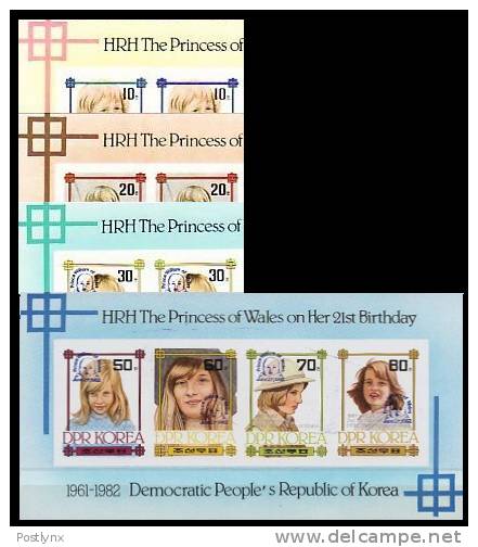 KOREA DRP (north) 1982 Diana Birthday. IMPERF.OVPT.BLUE PAIRS:3 + One Sheetlet (10 Stamps) - Femmes Célèbres