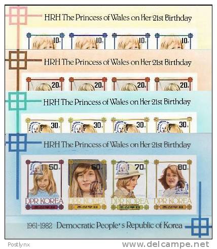 KOREA DRP (north) 1982 Diana Birthday. IMPERF.OVPT.BLUE Sheetlets:4 (16 Stamps)  [non Dentelé,Geschnitten,no Dentado,non - Famous Ladies