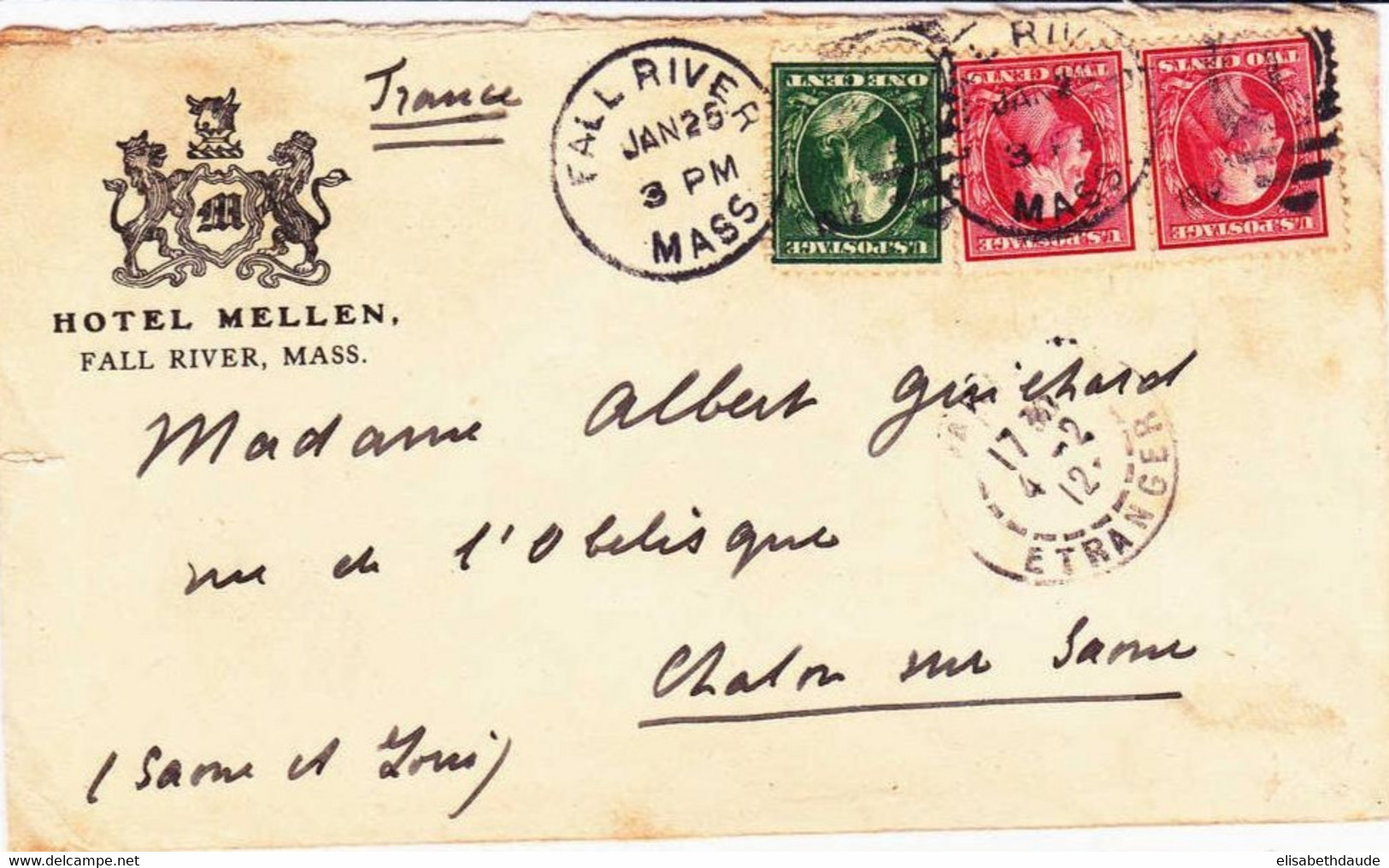 USA - 1912 - LETTRE DECOREE (HOTEL MELLEN) De FALL RIVER (MASS) Pour CHALON Sur SAONE - Storia Postale