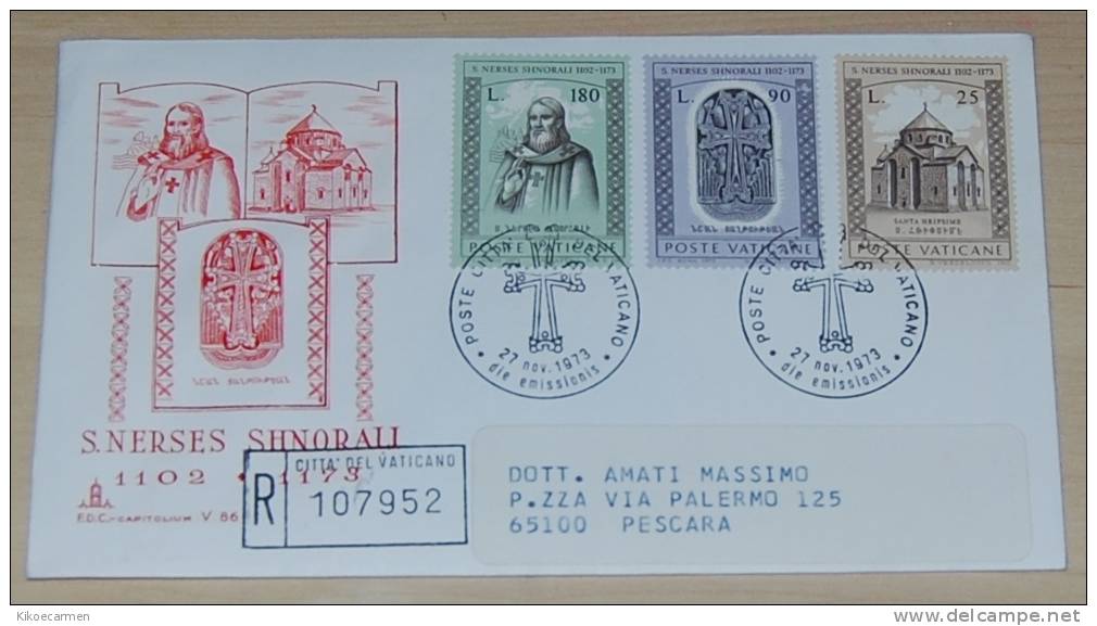 VATICANO 1973 Official FDC S. NERSES NARSETE Registered Letter Sur Lettre Recommandé Realmente Viaggiata - Covers & Documents