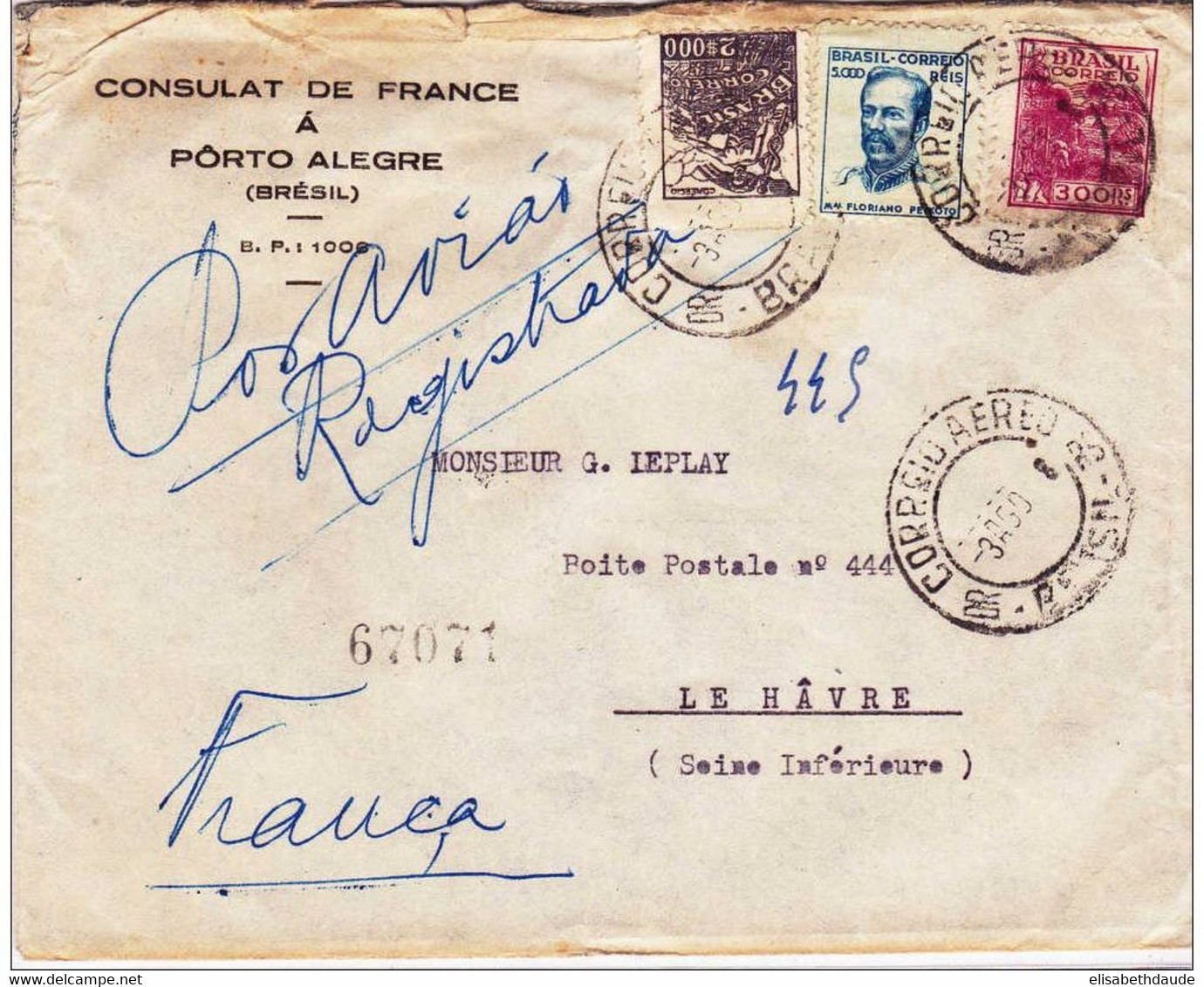 BRESIL - 1948 - LETTRE Par AVION De PORTO ALEGRE (CONSULAT DE FRANCE) Pour LE HAVRE - Storia Postale