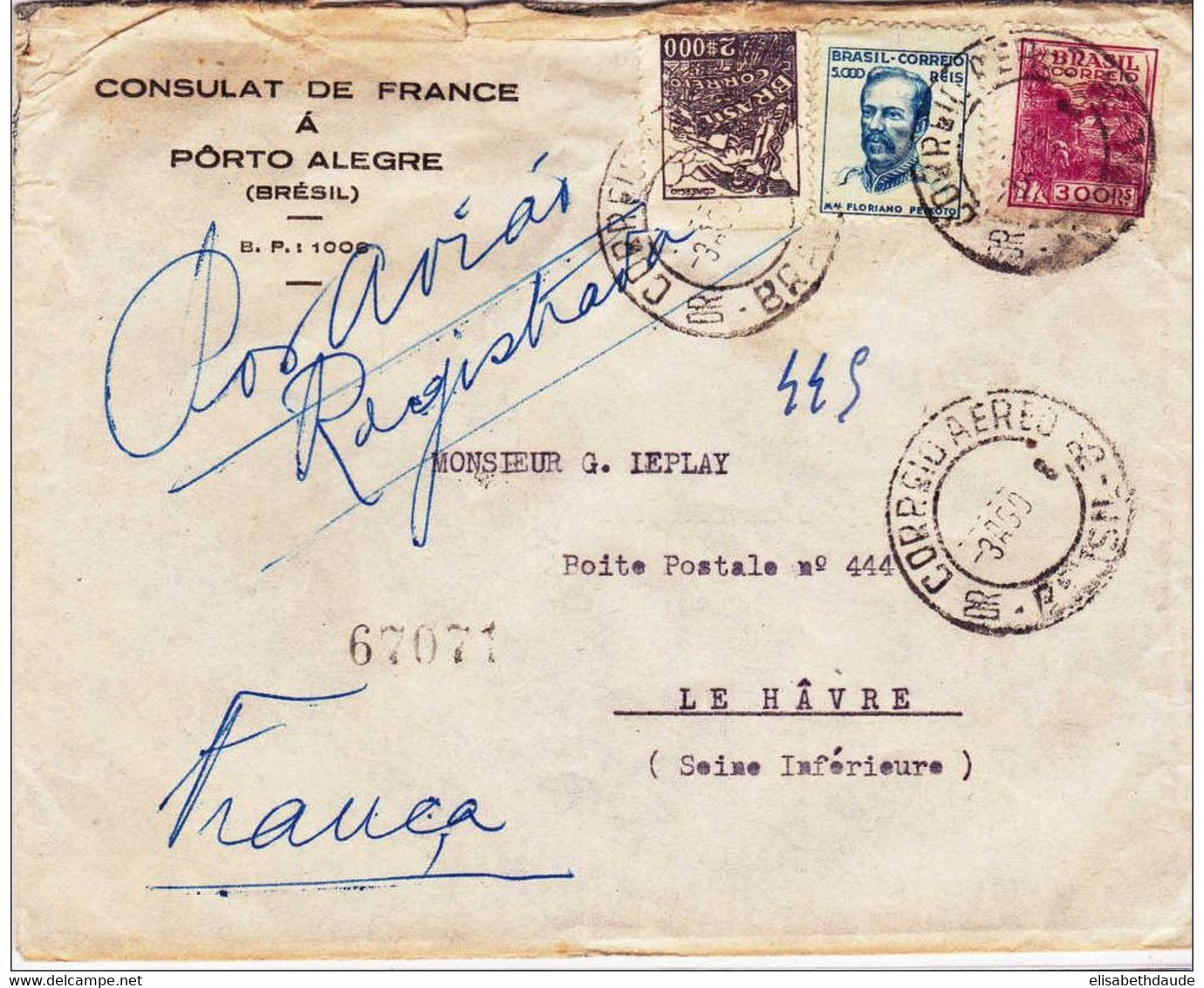 BRESIL - 1948 - LETTRE Par AVION De PORTO ALEGRE (CONSULAT DE FRANCE) Pour LE HAVRE - Lettres & Documents