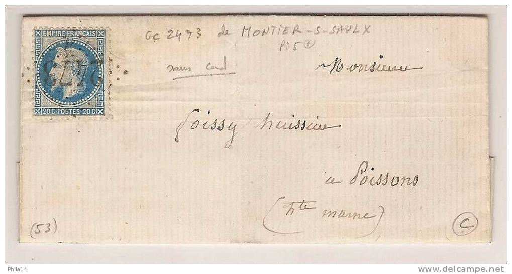 N° 29 BLEU NAPOLEON DENTELE / MONTIER SUR SAULX MEUSE POUR POISSONS / 4 NOV 1869 - 1849-1876: Période Classique