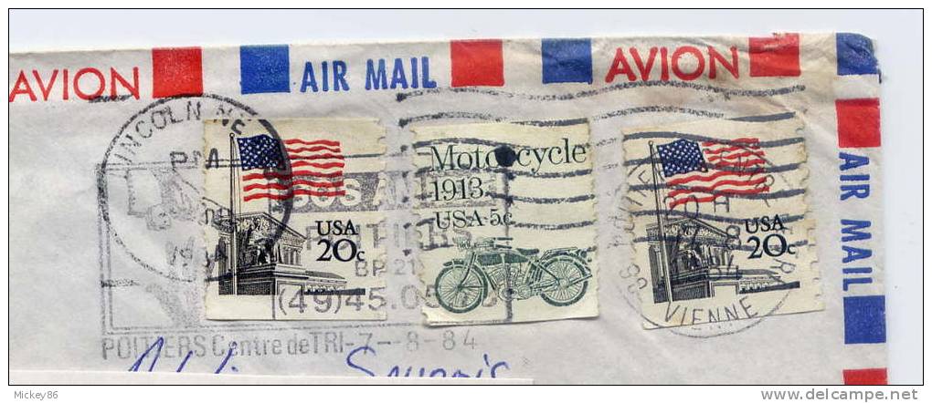 1984-Enveloppe USA Pour FRANCE-réexpédiée De Poitiers Pour Chatel-Guyon-tp MOTO- - Lettres & Documents