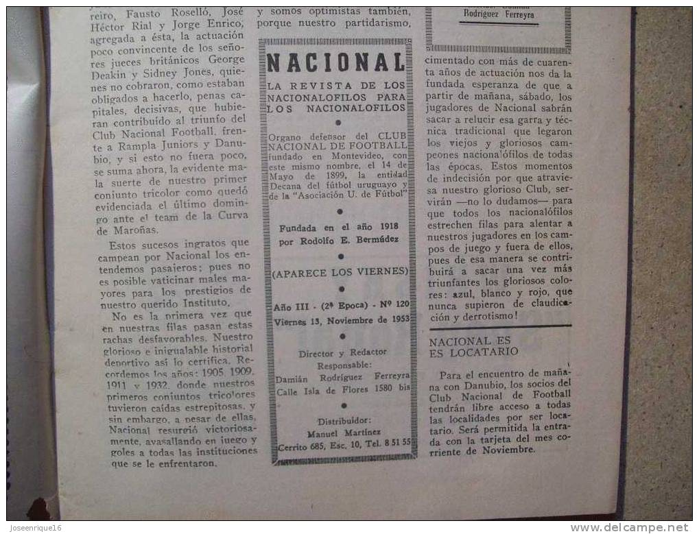 1953 REVISTA CLUB NACIONAL DE FOOTBALL, FUTBOL URUGUAY. MAGAZINE N° 120 - WALDEMAR GONZALEZ - [1] Until 1980