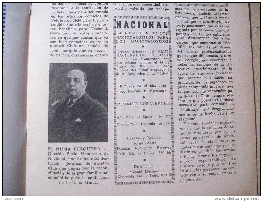 1953 REVISTA CLUB NACIONAL DE FOOTBALL, FUTBOL URUGUAY. MAGAZINE N° 126 LEIVA - WASHINGTON MAÑANA - [1] Tot 1980