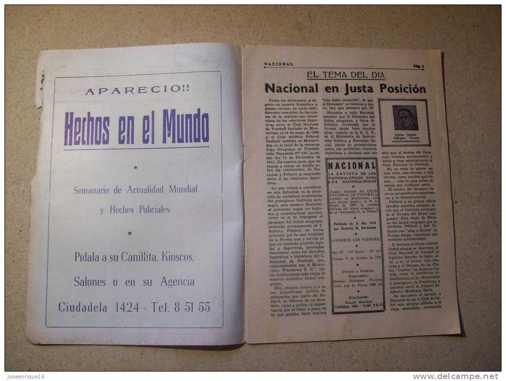 1954 REVISTA CLUB NACIONAL DE FOOTBALL, FUTBOL URUGUAY. MAGAZINE N° 153 - [1] Hasta 1980