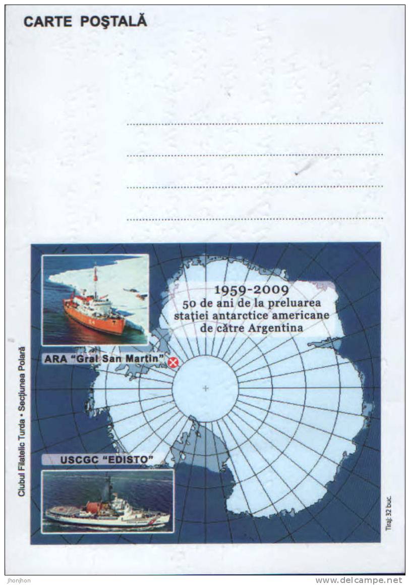 Romania- Rare!!-Postal Stationery Postcard 2009- 50 Years After The American Takeover By The Argentine Antarctic Station - Antarctisch Verdrag