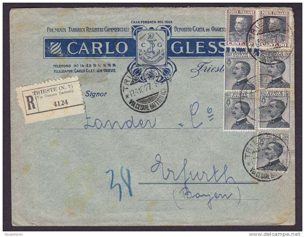 Italy CARLO GLESSICH Registered Recommandata TRIESTE (N. 7)(Via Cesare Battisti) Label 1927 Cover Erfurth Bayern Germany - Trento & Trieste