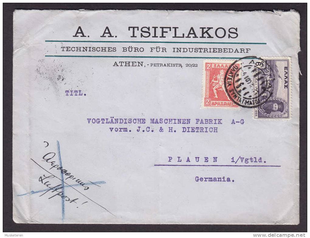 Greece Airmail Luftpost (Erased) A. A. TSIFLAKOS Athen 1931 Cover To PLAUEN Germania (2 Scans) - Briefe U. Dokumente
