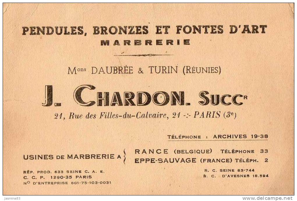 Pendules Bronzes Et Fontes D'Art Marbrerie Mons Daubré & Turin (Reunis) J.Chardon .Succ. - Publicités