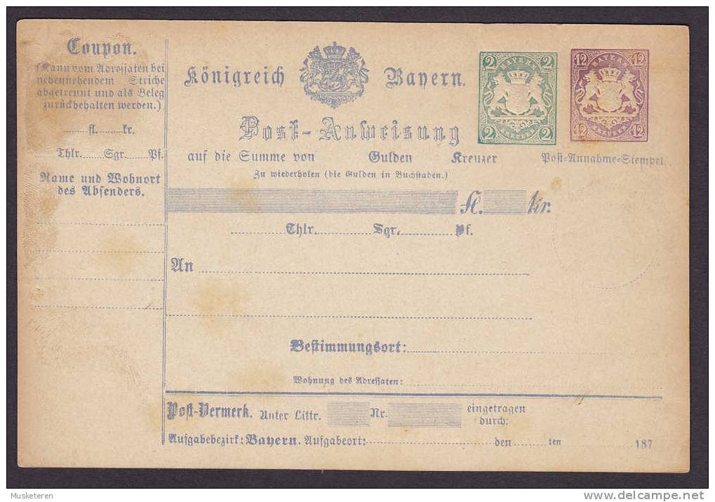 German State Bayern Postal Stationery Ganzsache Entier Post-Anweisung 2 Kr Neben 12 Kr Type I (2 Scans) - Postal  Stationery